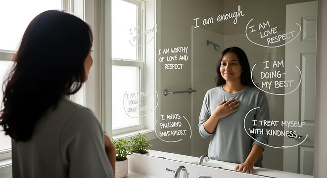 A woman looks at her reflection in a mirror with positive affirmations written on it, touching her chest with self-love.