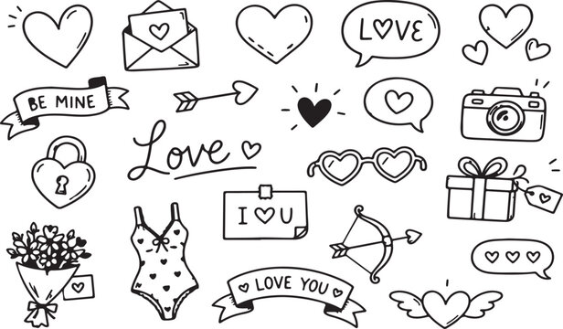 Set of cute hand drawn love and valentines day doodles including hearts arrows gifts and romantic symbols for greeting cards and scrapbooking