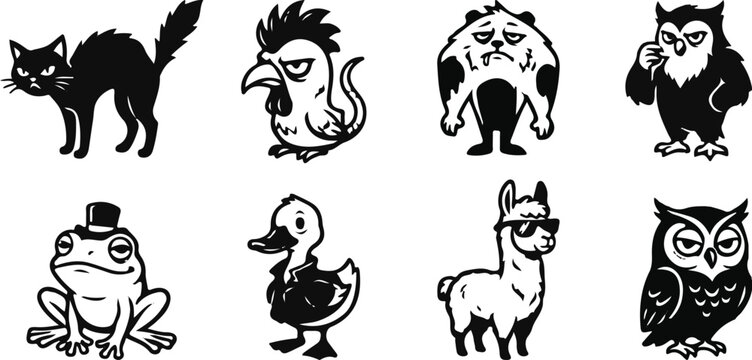 Vector collection of humorous animal silhouettes featuring a grumpy cat, fancy toad, cool llama, duck, and expressive owls