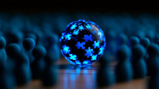 Teamwork and innovation shine in this concept image featuring glowing blue globe made of puzzles surrounded by abstract human figures, symbolizing unity and collaboration in problem solving