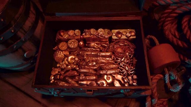 Inside of treasure chest filled with gold and jewels.