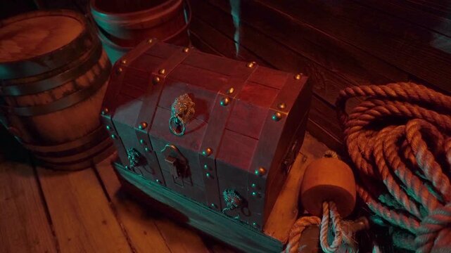 Pirate treasure chest is opened on wharf among ropes and nautical supplies.