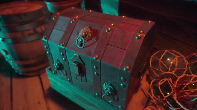 Hand enters frame and opens treasure chest.