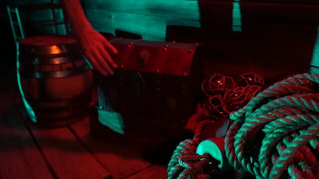 Shadowy figure approaches treasure chest on dock and opens it.