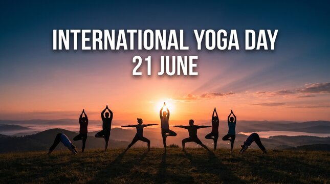 People practicing yoga silhouettes on mountain at sunset for international yoga day