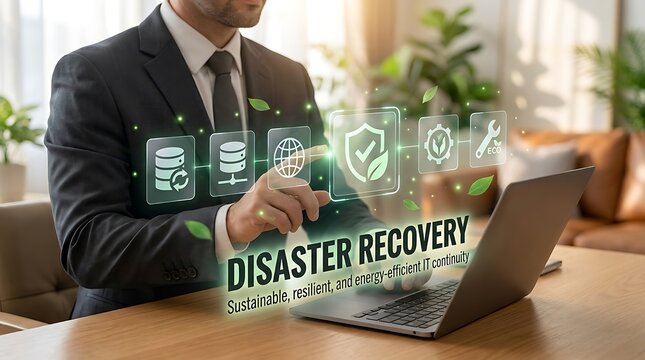 Businessman Interacting with Digital Interface for Sustainable, Resilient Disaster Recovery and IT Continuity Solutions