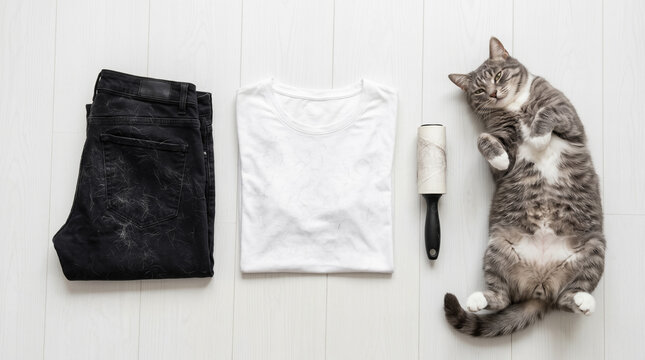 a cat lies next to clothes covered in cat hair