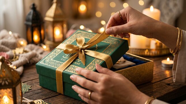 Close up of hands opening an ornate green and gold gift box during eid or ramadan festive celebration with decorative lanterns and candles celebration surprise decoration tradition generosity