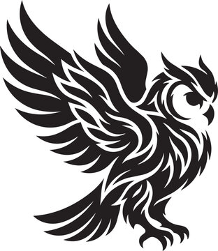 Stylized black and white vector silhouette of an owl with spread wings on white background, Generative Ai