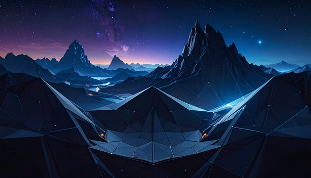 A low-poly mountainscape under a vibrant starry sky, featuring geometric shapes