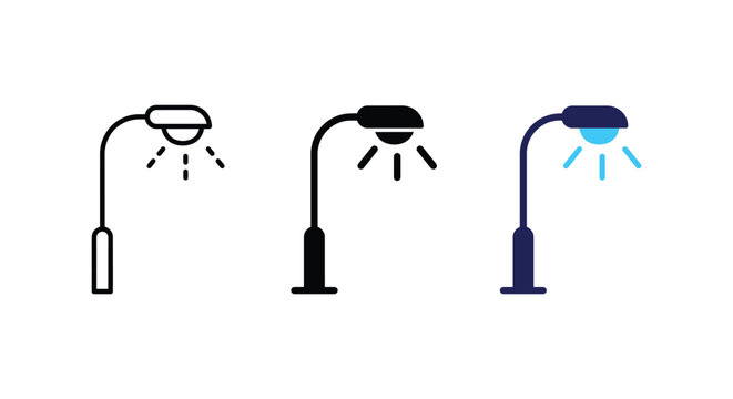 Street lamp icon set representing urban lighting, illumination, and design in outline, solid, and glowing styles
