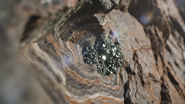 Close-up view of a rock formation with a pocket of shimmering pyrite crystals embedded within the stone