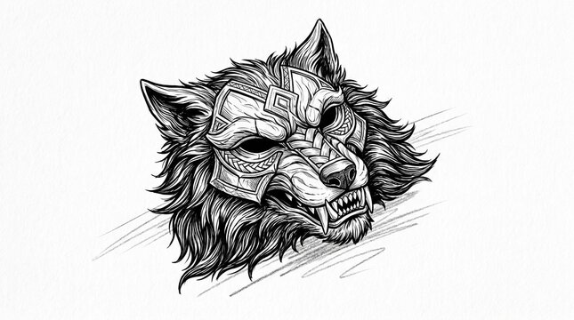 Wolf mask isolated on white background, featuring realistic fur textures and wild fantasy creature aesthetics.
