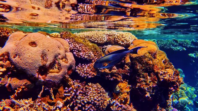 Colorful reef fish swimming through shallow coral formations in Bali beneath reflective surface water. Tropical marine biodiversity with vibrant aquatic textures and lagoon scenery.