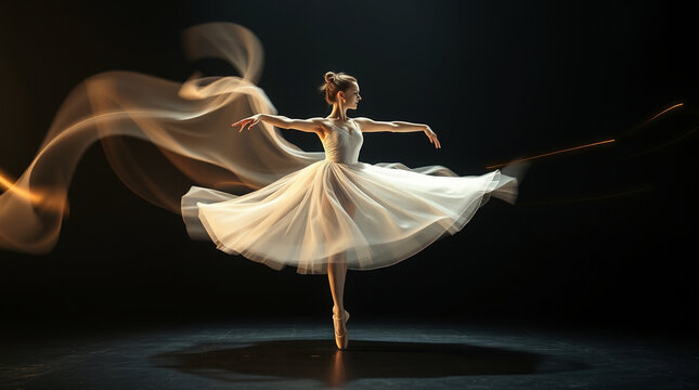 #motionblurchallenge elegant ballerina spinning, flowing fabric, luminous motion trails, long exposure photography, glowing white and gold light, dreamy, cinematic spotlight, black background, etherea