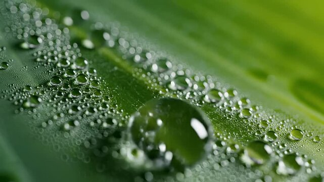 Macro shot of water droplets on a vibrant green leaf surface 4.