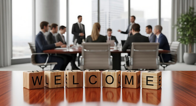Handcrafted wooden cubes spelling the word welcome on a corporate conference table with a group of professional business colleagues conversing in a blurred office background setting.