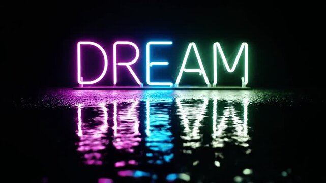 A neon sign with the word "DREAM" shines brightly in a dark background, reflected on a rippling surface