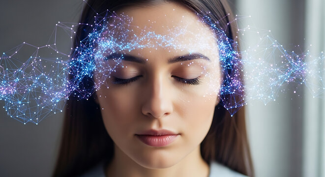 Serene woman with closed eyes and glowing digital neural network overlays on her face representing artificial intelligence connection, advanced machine learning, and deep contemplative thought.