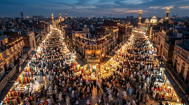 High angle view of a bustling and traditional night market filled with golden lights and crowds of people shopping near a historic mosque in a densely populated urban city at night, south asia