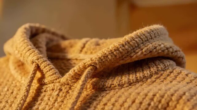 Starting camera focusing on beige hooded sweater in warm room, showing knit texture and drawstrings