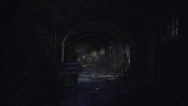 Gloomy arched crypt passage with cobwebs and mossy stones, scattered barrels and broken tiles, faint cold light filtering through cracks, silence punctuated
