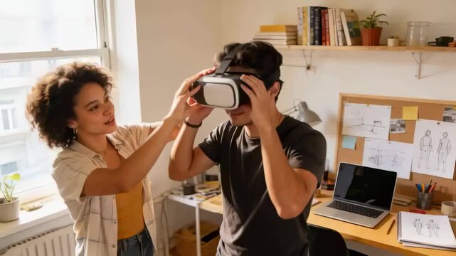 Lifting VR headset, woman guiding man placing and adjusting straps in home office, laptop sketches