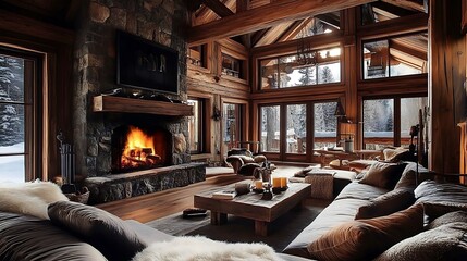 Naklejka premium This professional photograph captures the cozy interior of a luxurious mountain lodge featuring a rustic stone fireplace and large wooden beams during a calm winter day