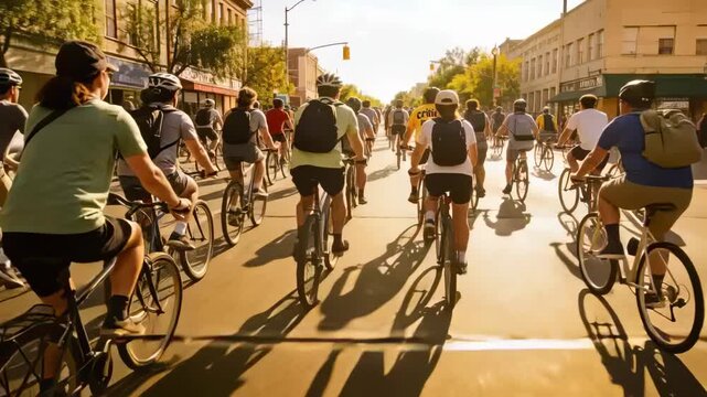 Pedaling cyclists initiating group ride down sunlit city street, with bicycles yellow T-shirt