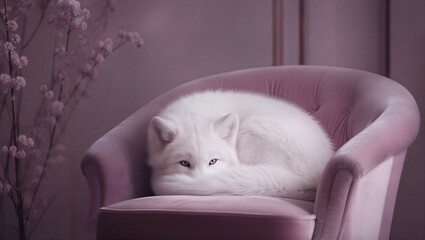 Naklejka premium White arctic fox curled up asleep on a pink armchair