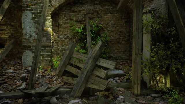 Mossy rubble timber beneath dim light, closeup study of grain, cracked stone and weathered wood, damp atmosphere, earthy tones and tactile surfaces telling long