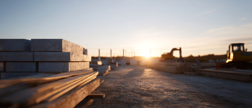 Construction site with building materials sunset