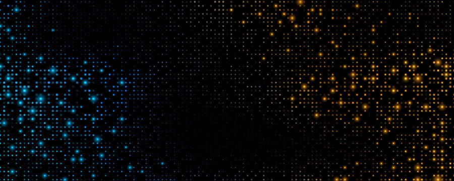 Digital glowing blue and orange pixels matrix pattern on black background. Abstract backdrop of glittering dots for FinTech presentation, blockchain or data scientist concept. Vector illustration.