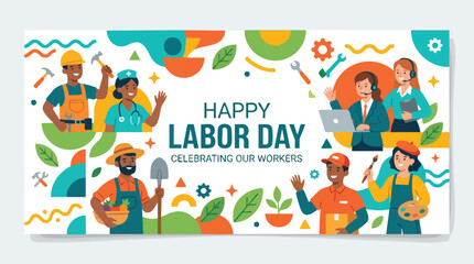 Fototapeta premium Vibrant Labor Day banner vector celebrating workers with modern template design