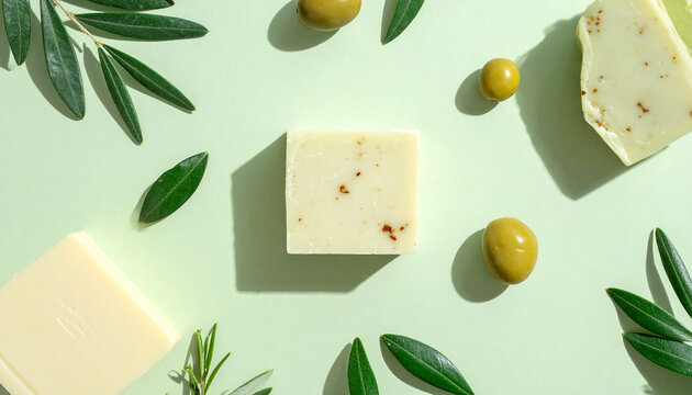 Handmade soap bars with green leaves and olives, top view, natural skincare aesthetic, clean minimal composition, organic textures. Close-up.
