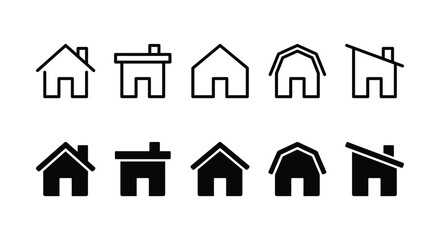 House icon set representing architecture, roof types, and property in outline and solid styles © zrgraphicstore