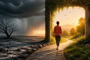 Fototapeta premium Woman walking through a storm to sunlight along a framed path under a dramatic sky