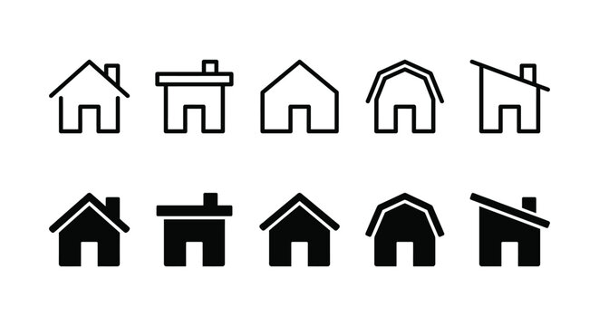 House icon set representing architecture, roof types, and property in outline and solid styles