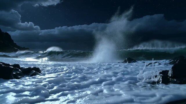Swell approaching rolling breaking wave curling, hitting rocks on wet sand at night, spraying foam