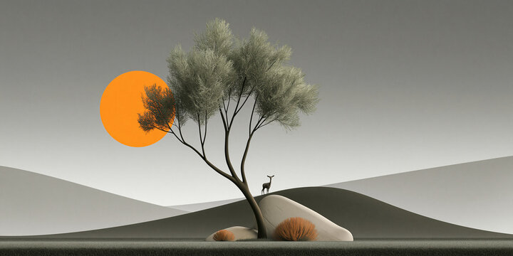 Minimalist Desert Scene A solitary tree stands against a stark, minimalist desert landscape under a bold orange sun, with a small animal silhouette perched on a rock.