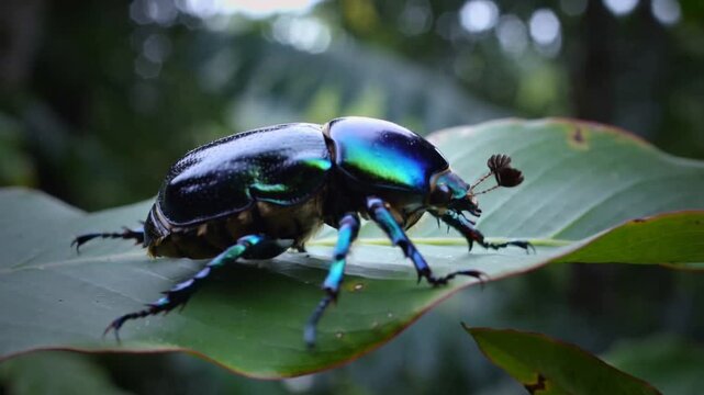 Shifting scarab beetle walking along leaf, probing edge, exploring amid water droplets and foliage