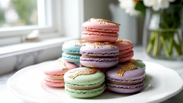 Stack of Pastel Colored Macarons Decorated with Shiny Gold Bird Emblems on White Plate