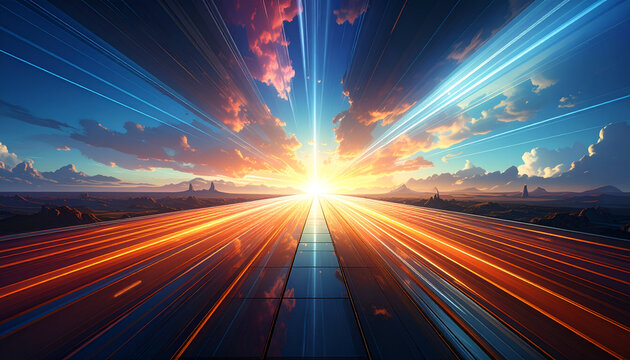 A bright, futuristic landscape, showcasing light trails leading toward a vibrant sunset