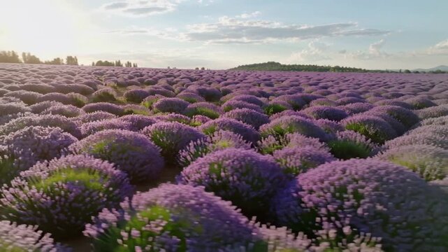 Gliding drone camera moving forward over lavender farm, showing rounded lavender mounds, soil path
