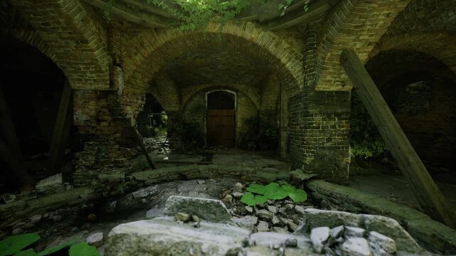Overgrown brick crypt wooden door moss covered stone arches cracked flagstone floor scattered leaves dim green light filtering through foliage eerie cinematic