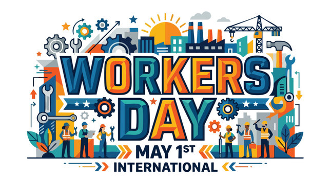 Vibrant labor day typography with bold workers day text vector graphics celebrating International Workers' Day on May