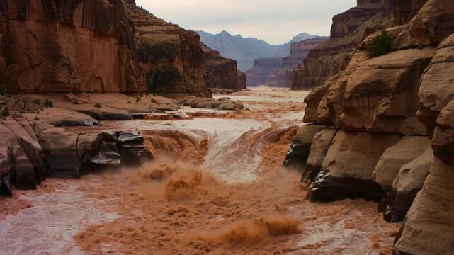 Surging upstream pulse driving sediment-laden river through narrow canyon, colliding with rocks