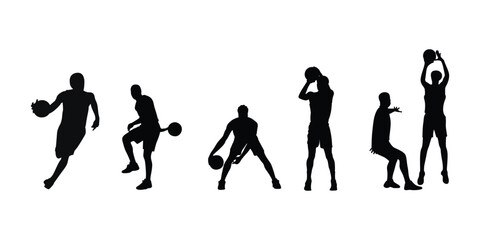 Basketball players silhouettes set with athletes in various action poses like running dribbling shooting and defending © pixelSTUDIO