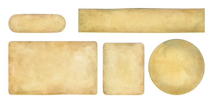 Watercolor vintage parchment paper labels set. Hand Painted aged paper banners, frames and tags with antique texture. Isolated elements on white background. 