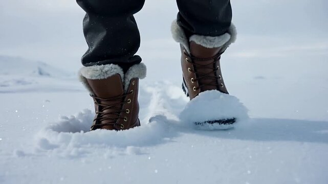Walking left boot lifting, brown lined boots pressing snow, crossing plain and leaving footprints